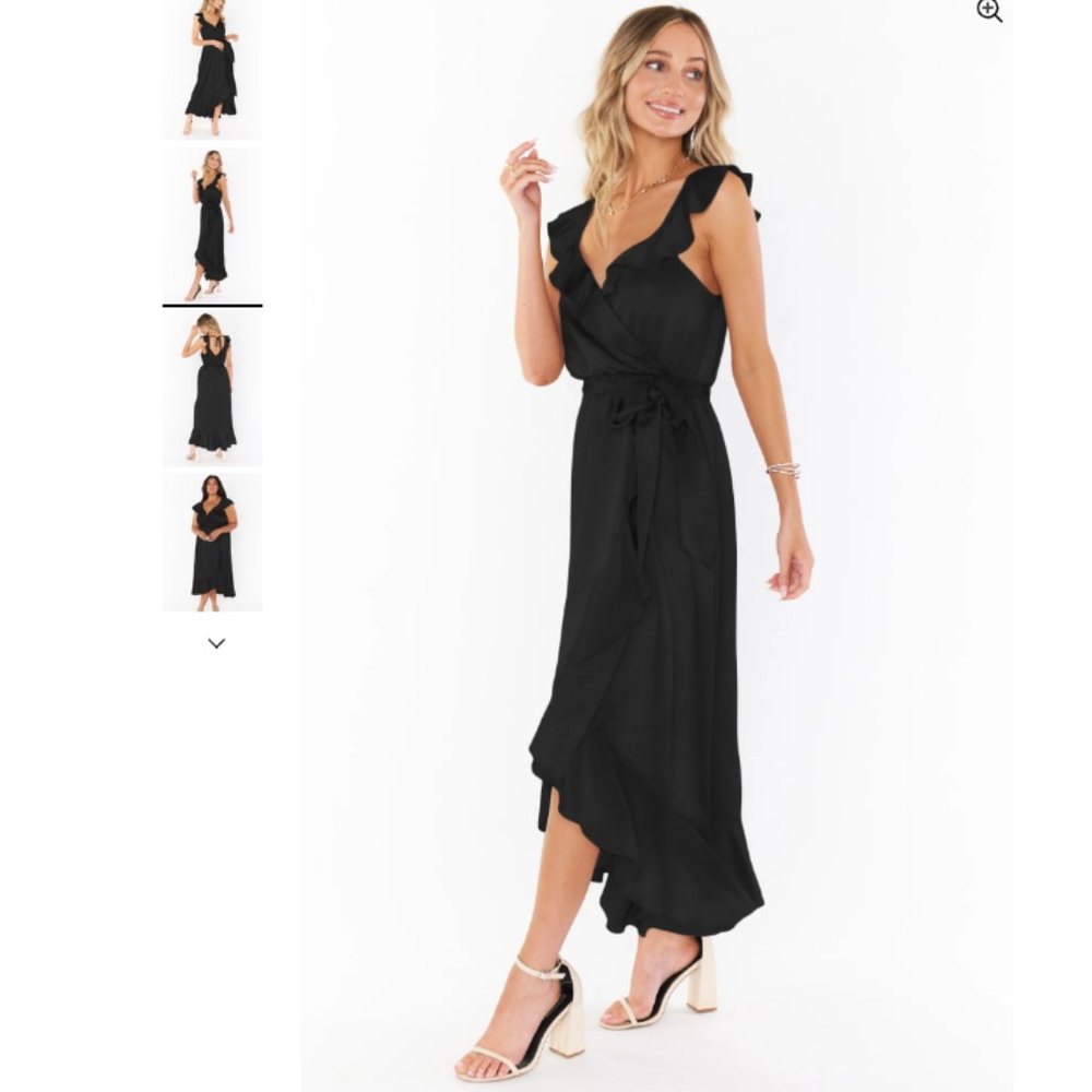 Samantha Ruffle Wrap Dress ~ Black Luxe Satin × 1 XL